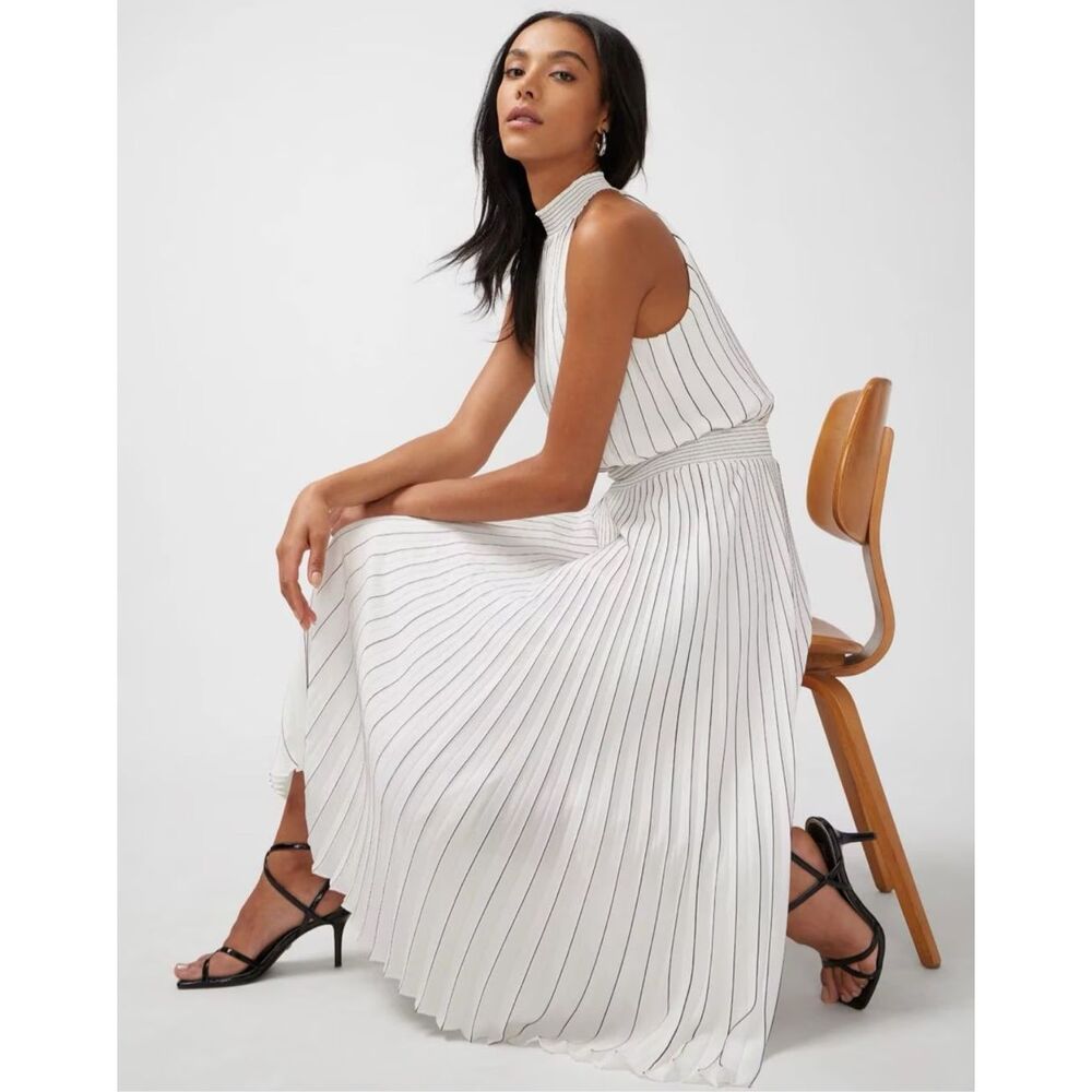 White House Black Market White Midi Dress with Black Pinstripes